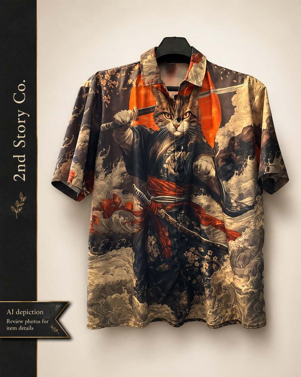 Hardaddy Samurai Cat Graphic Short Sleeve Button-Up Shirt XXL